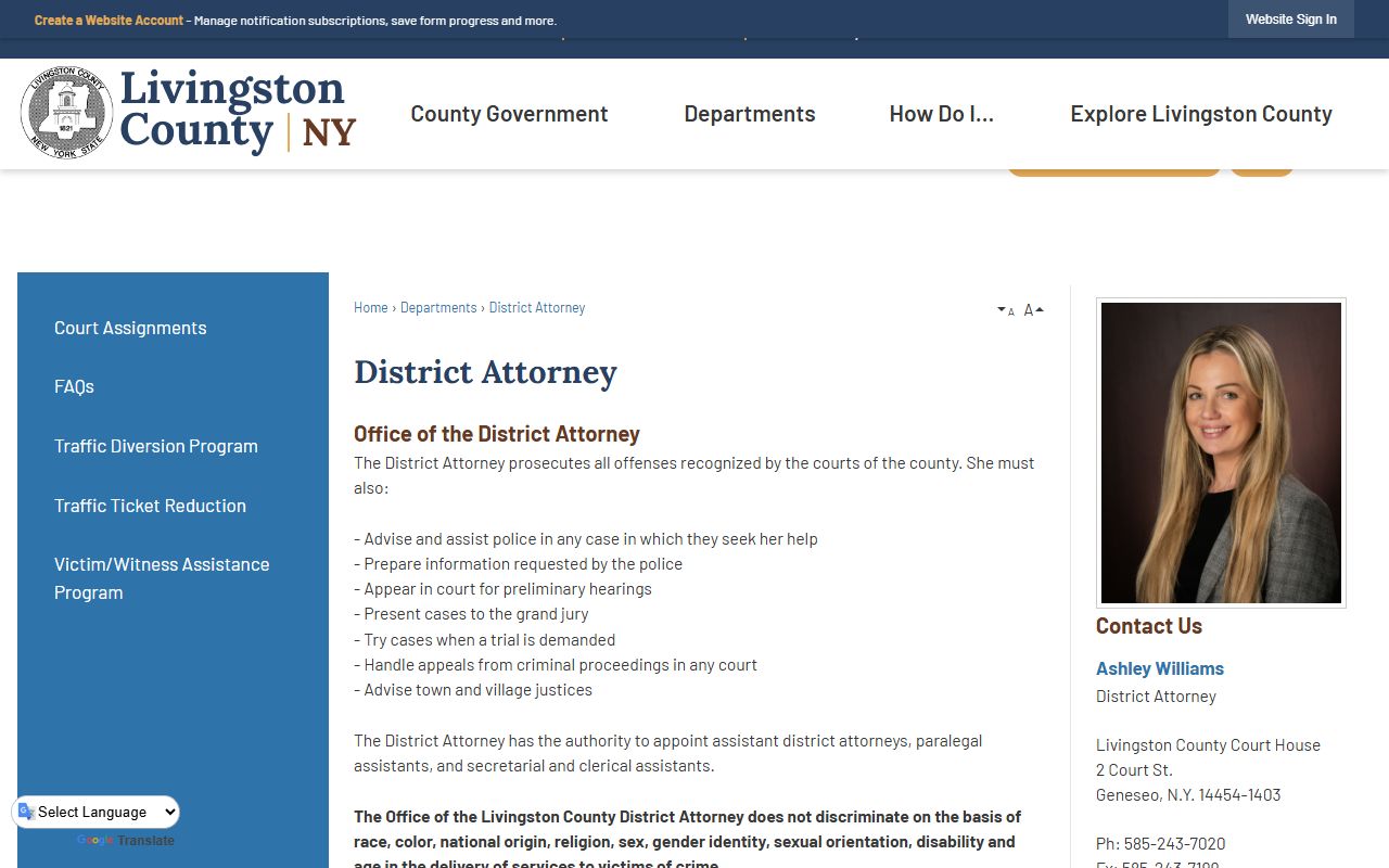 Livingston County District Attorney court records after arrest contact page