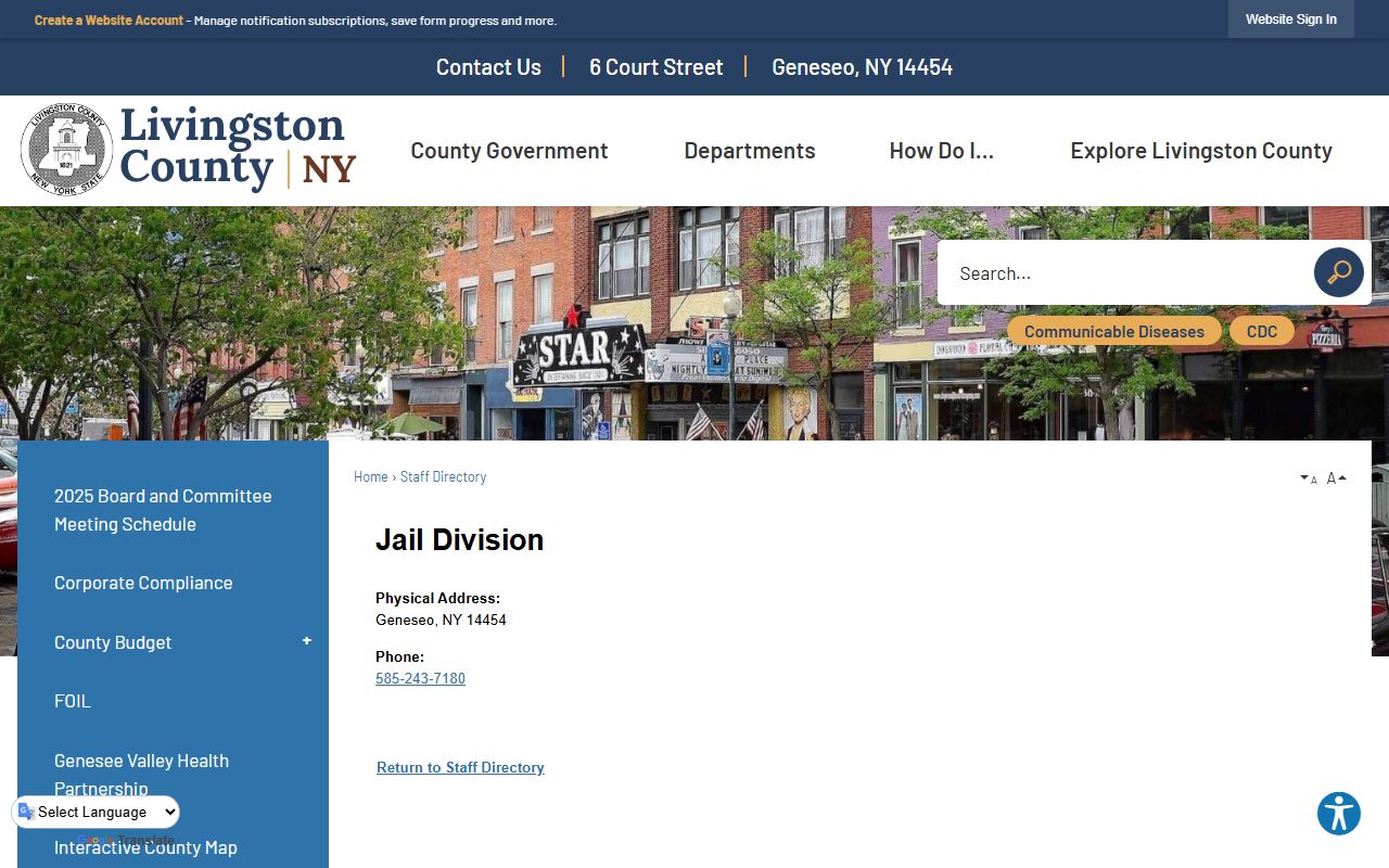 Livingston County Jail Division directory entry with phone number